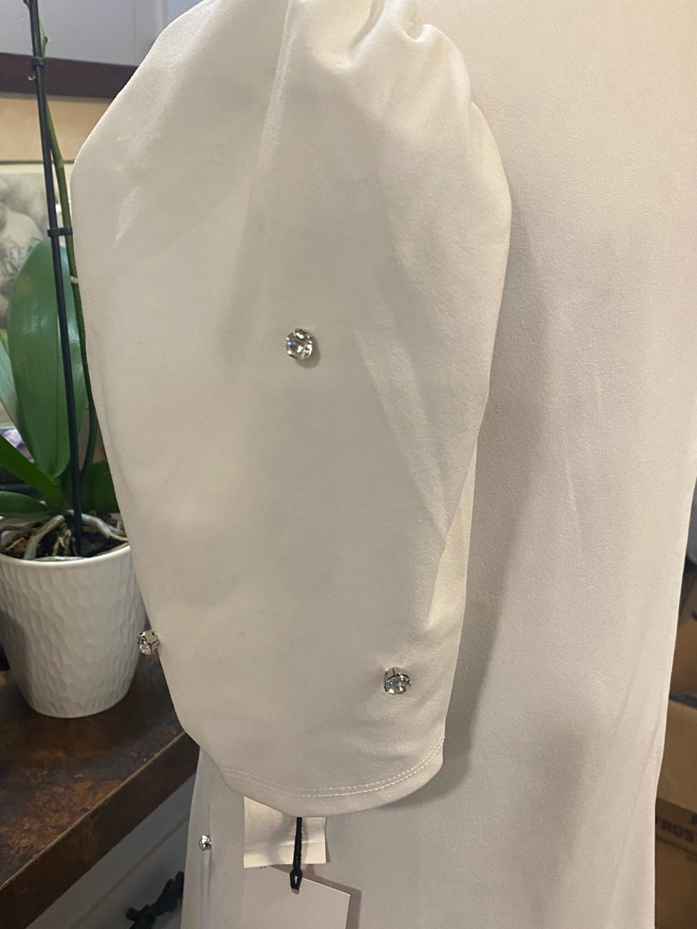 NWT Crystal Doll White Mini Dress with Puff Sleeves and Rhinestones Accents - Picture 7 of 11